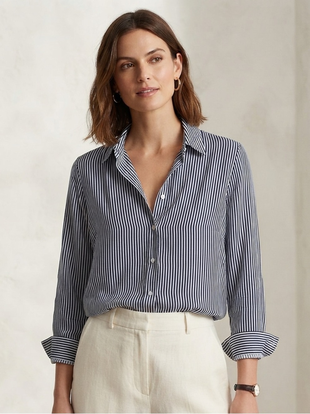 Philosophy Navy and White Vertical Stripe Button-Down Shirt